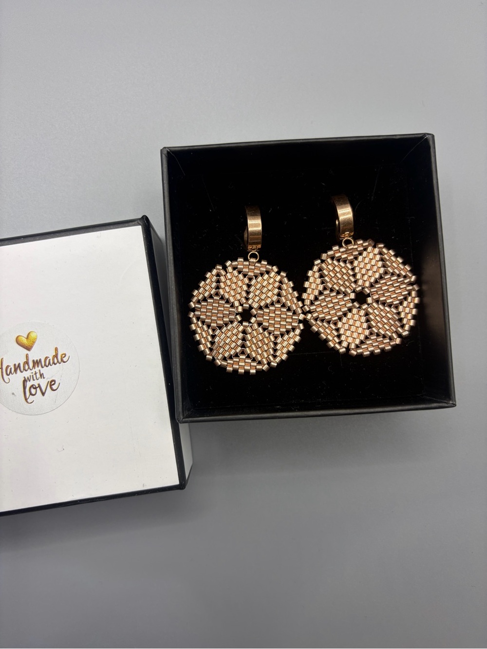 Handmade Rose Gold Beaded Geometric Drop Earrings